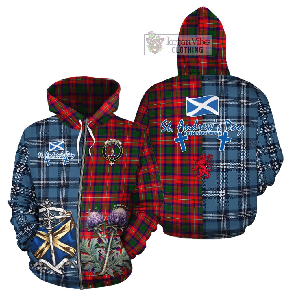 Tartan Vibes Clothing Charteris Tartan Cotton Hoodie Happy St. Andrew's Day Half Tartan Style