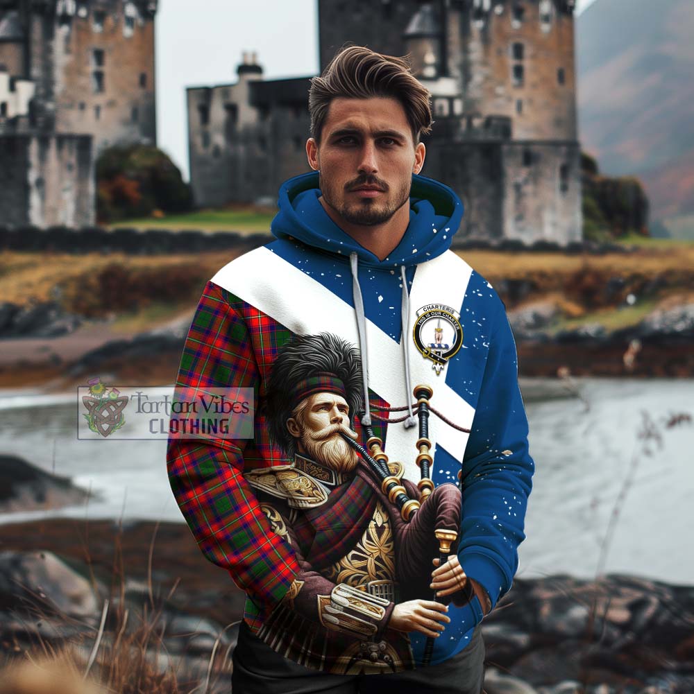 Tartan Vibes Clothing Charteris Tartan Cotton Hoodie with Family Crest Scottish Bagpiper Vibes