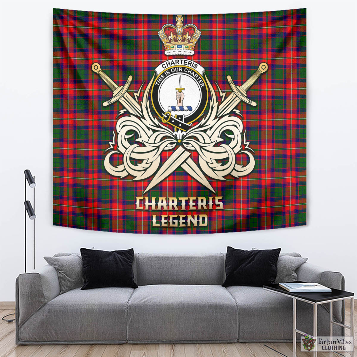 Tartan Vibes Clothing Charteris Tartan Tapestry with Clan Crest and the Golden Sword of Courageous Legacy