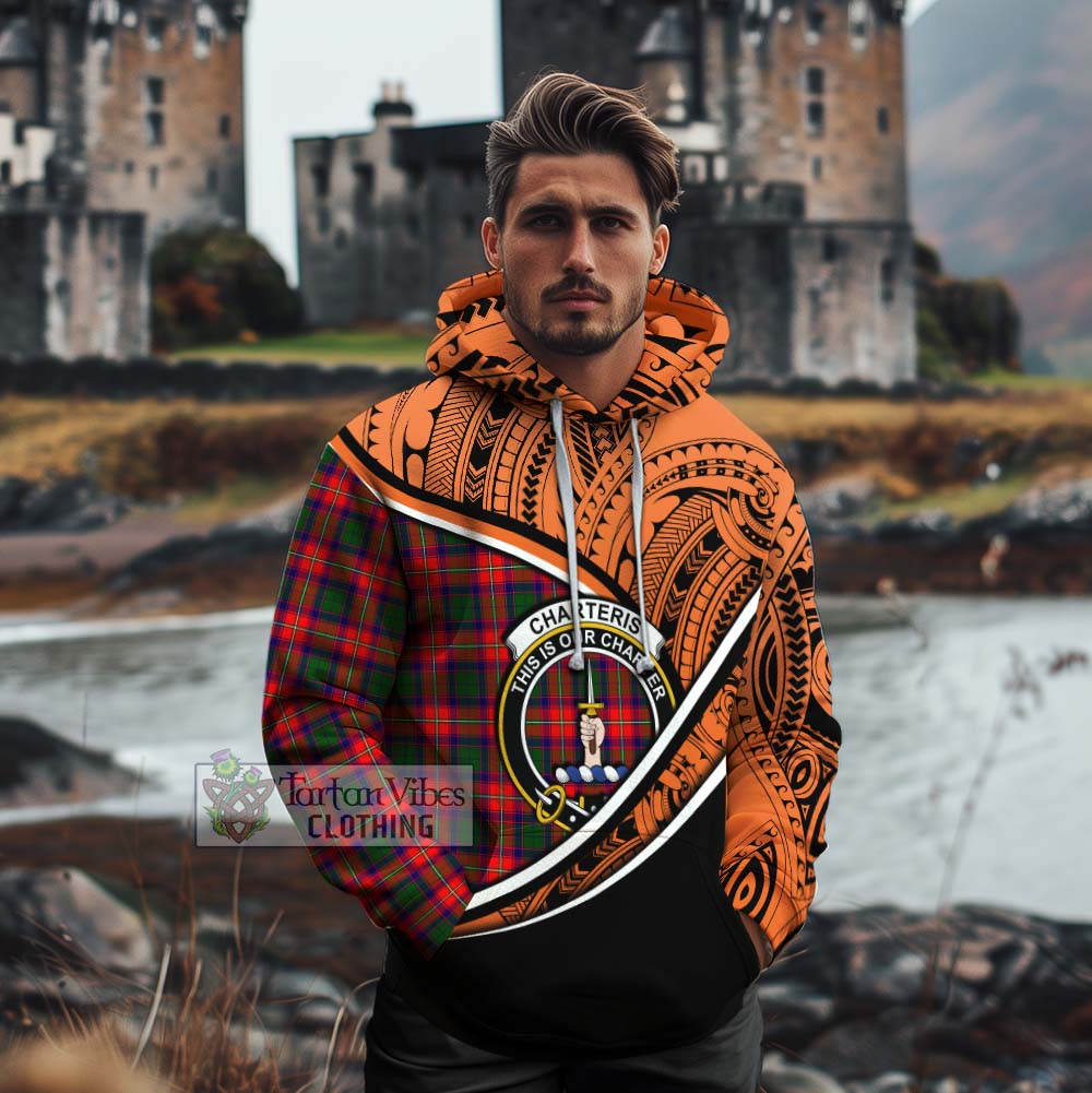 Tartan Vibes Clothing Charteris Crest Tartan Cotton Hoodie with Maori Tattoo Style - Orange Version