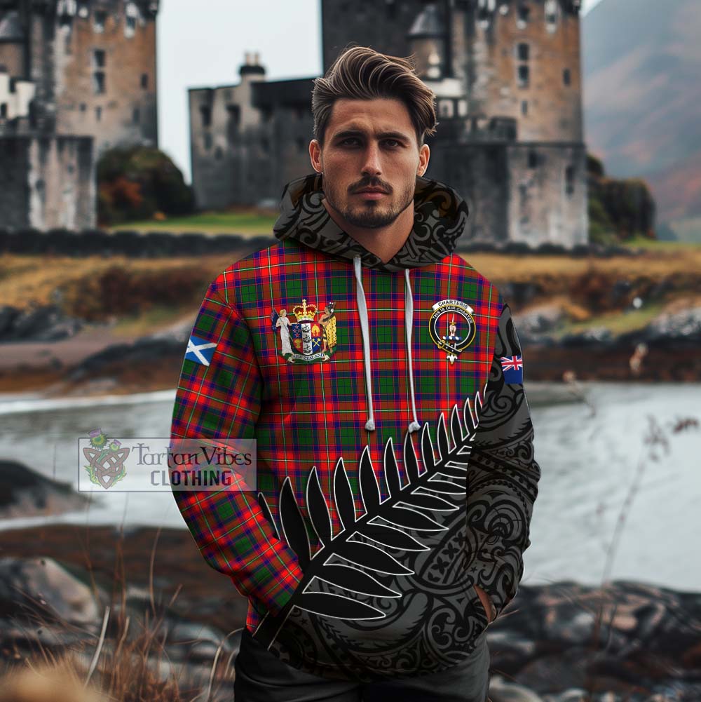 Tartan Vibes Clothing Charteris Crest Tartan Cotton Hoodie with New Zealand Silver Fern Half Style