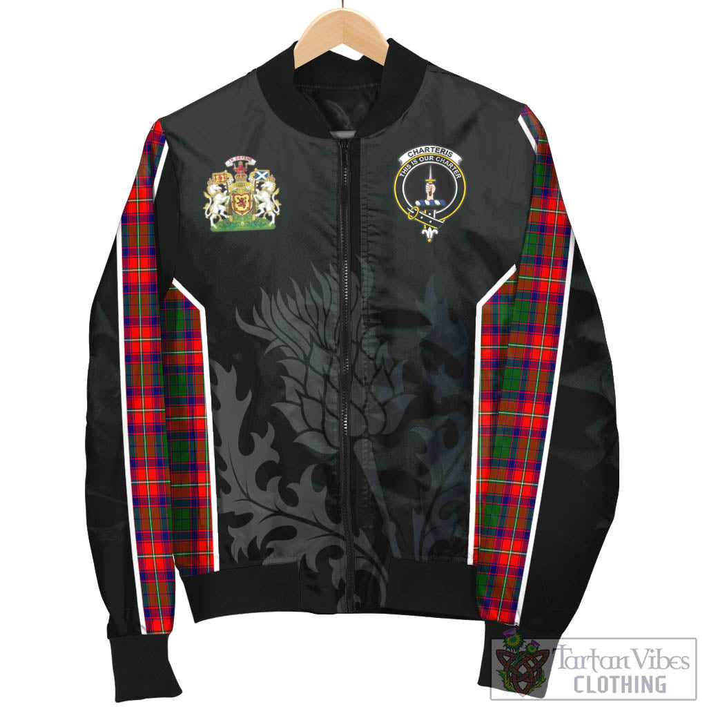 Tartan Vibes Clothing Charteris Tartan Bomber Jacket with Family Crest and Scottish Thistle Vibes Sport Style