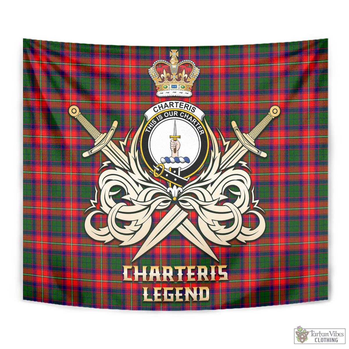 Tartan Vibes Clothing Charteris Tartan Tapestry with Clan Crest and the Golden Sword of Courageous Legacy