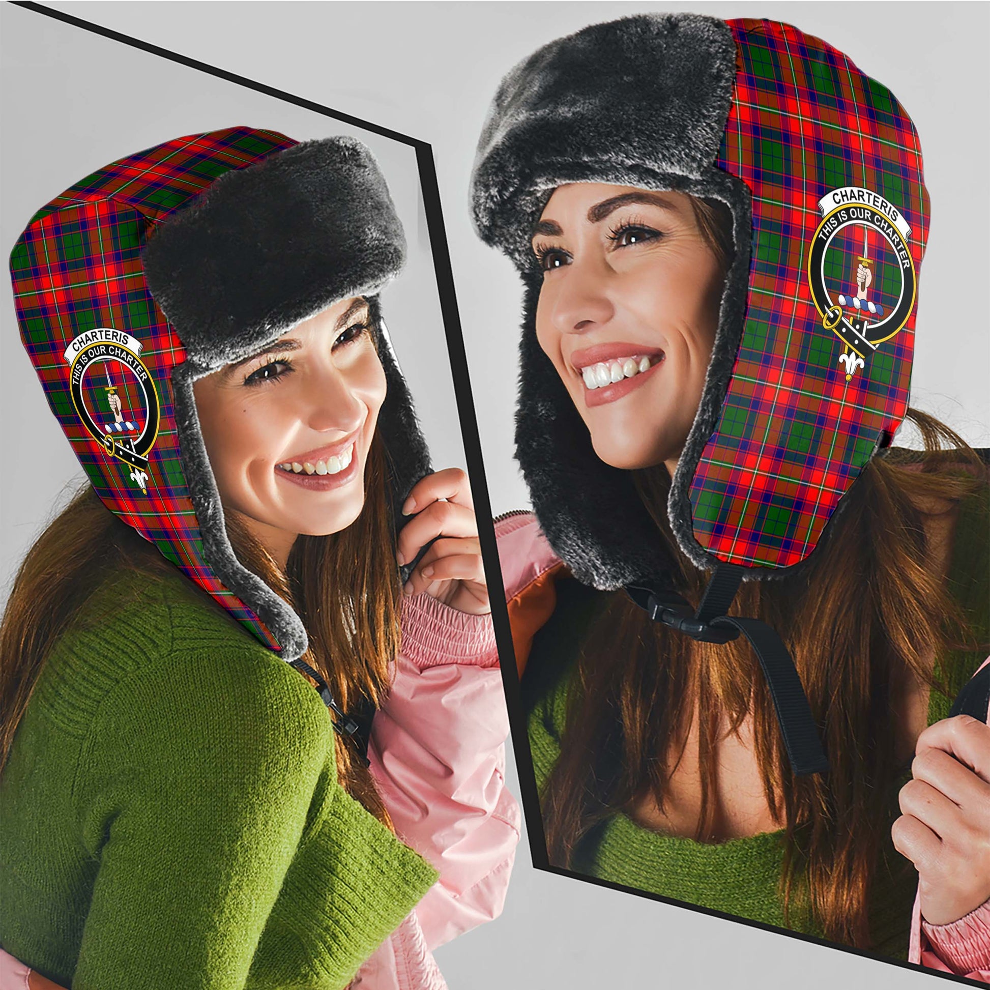 Charteris Tartan Winter Trapper Hat with Family Crest - Tartanvibesclothing