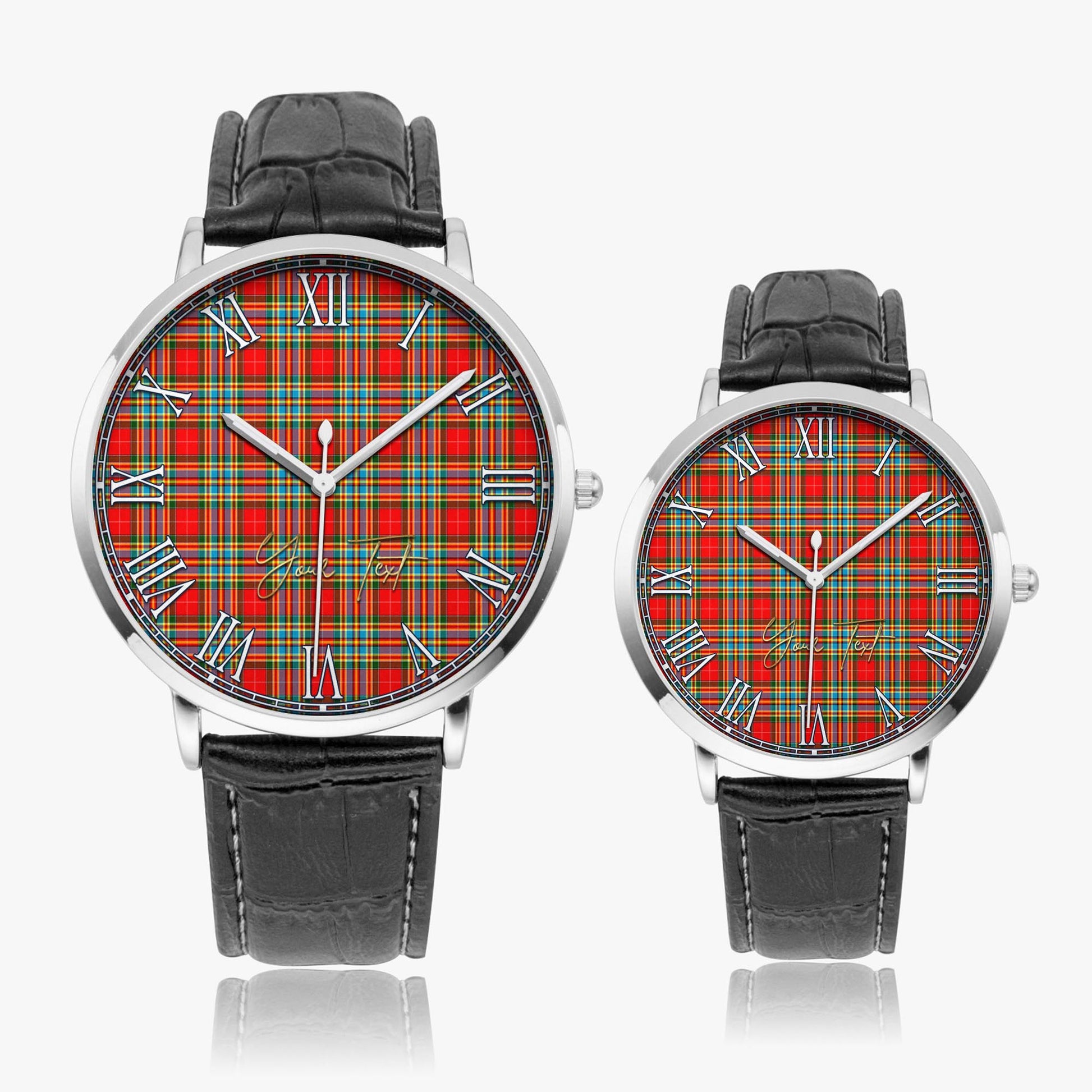 Chattan Tartan Personalized Your Text Leather Trap Quartz Watch Ultra Thin Silver Case With Black Leather Strap - Tartanvibesclothing