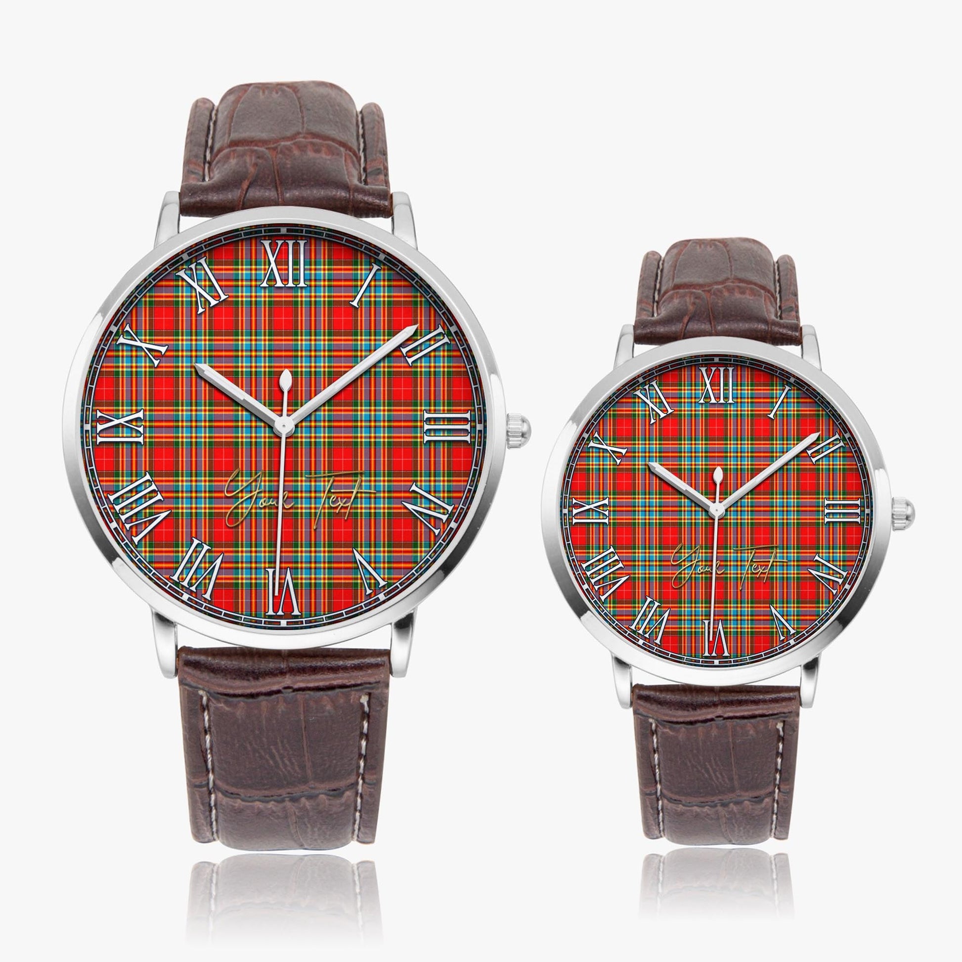 Chattan Tartan Personalized Your Text Leather Trap Quartz Watch Ultra Thin Silver Case With Brown Leather Strap - Tartanvibesclothing