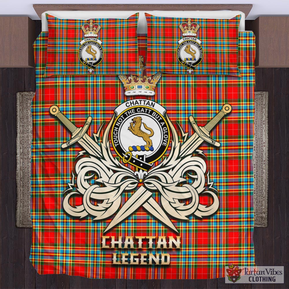 Tartan Vibes Clothing Chattan Tartan Bedding Set with Clan Crest and the Golden Sword of Courageous Legacy