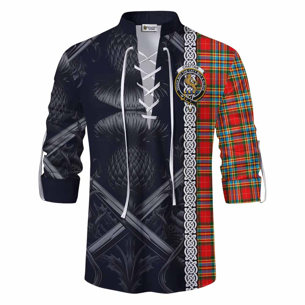 Tartan Vibes Clothing Chattan Tartan Ghillie Kilt Shirt with Family Crest Cross Sword Thistle Celtic Vibes