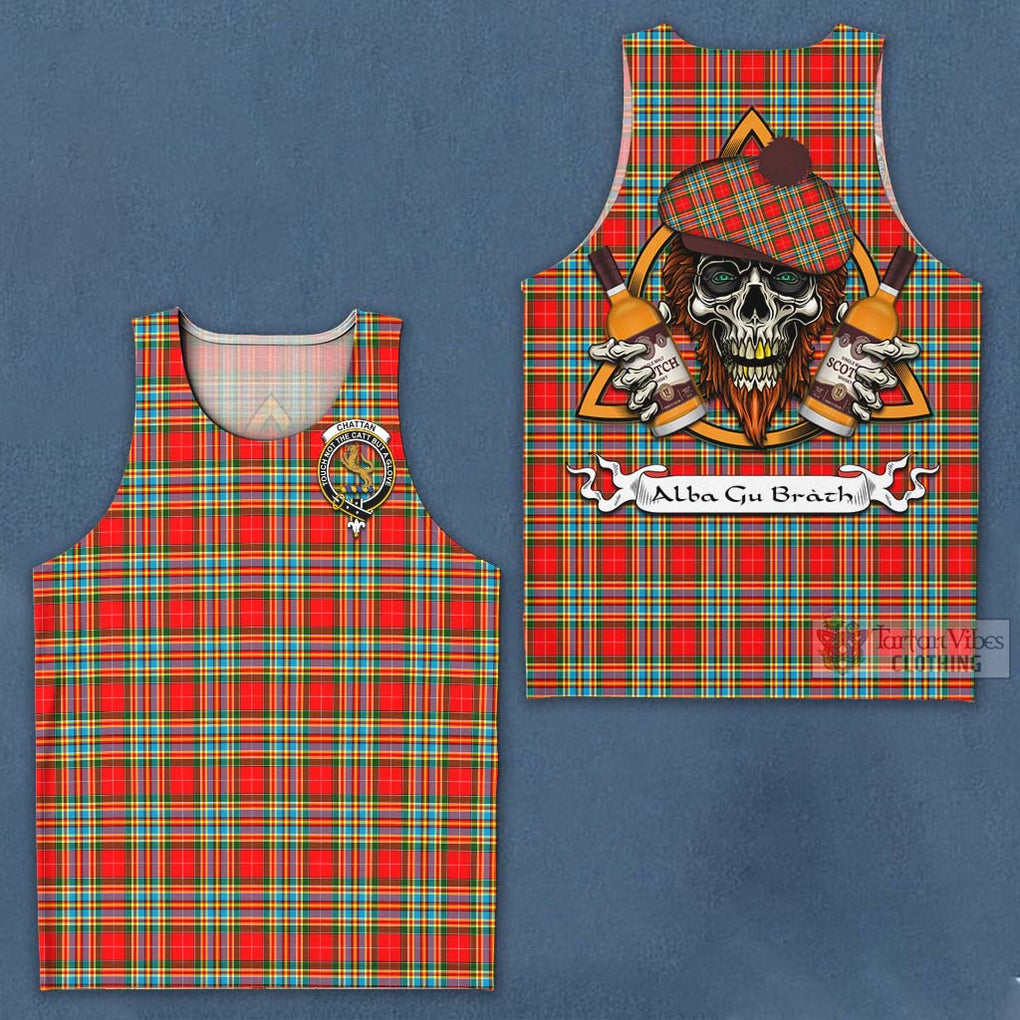 Tartan Vibes Clothing Chattan Tartan Men's Tank Top with Family Crest and Bearded Skull Holding Bottles of Whiskey