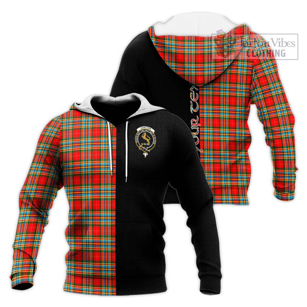 Chattan Tartan Knitted Hoodie with Family Crest and Half Of Me Style Unisex Knitted Pullover Hoodie - Tartanvibesclothing Shop