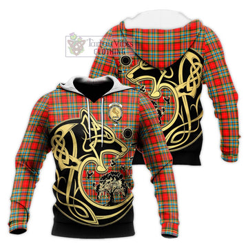 Chattan Tartan Knitted Hoodie with Family Crest Celtic Wolf Style