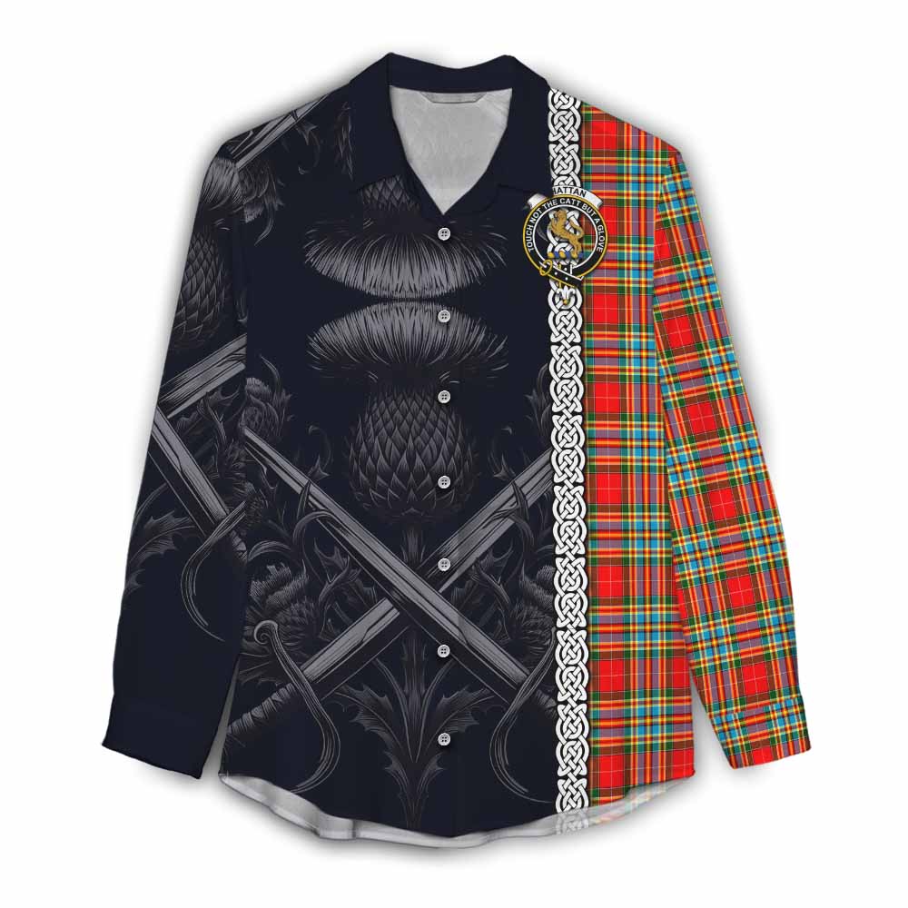 Tartan Vibes Clothing Chattan Tartan Women's Casual Shirt with Family Crest Cross Sword Thistle Celtic Vibes