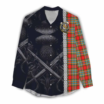 Chattan Tartan Women's Casual Shirt with Family Crest Cross Sword Thistle Celtic Vibes