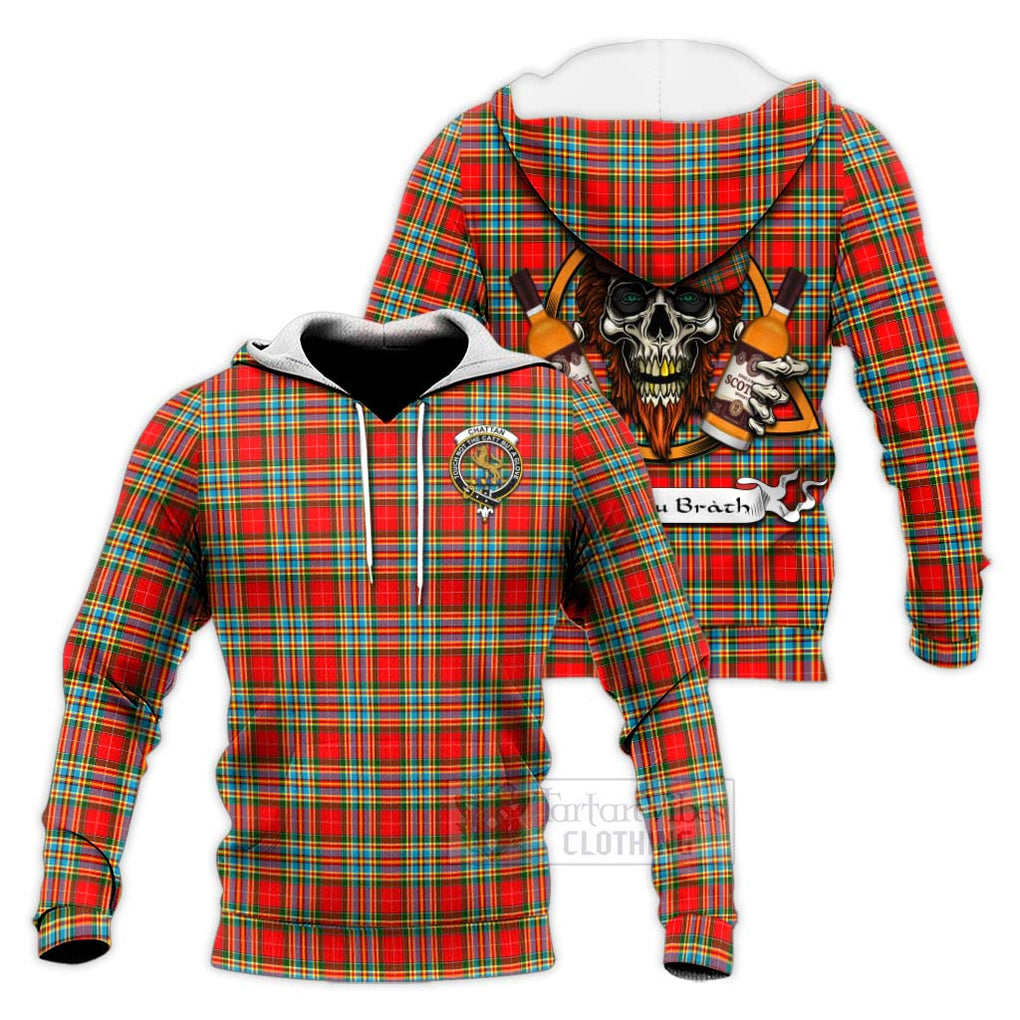 Tartan Vibes Clothing Chattan Tartan Knitted Hoodie with Family Crest and Bearded Skull Holding Bottles of Whiskey