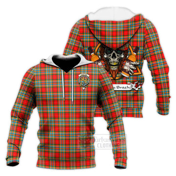 Chattan Tartan Knitted Hoodie with Family Crest and Bearded Skull Holding Bottles of Whiskey