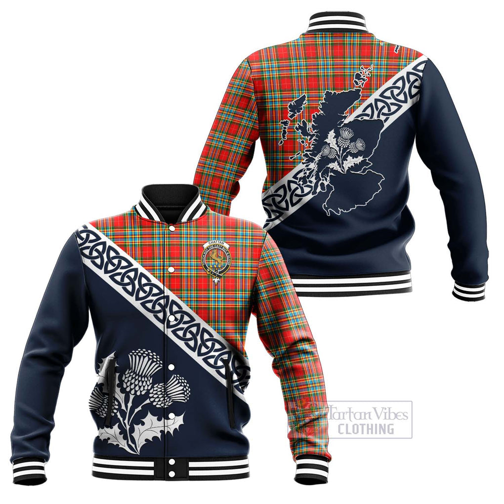 Tartan Vibes Clothing Chattan Tartan Baseball Jacket Featuring Thistle and Scotland Map