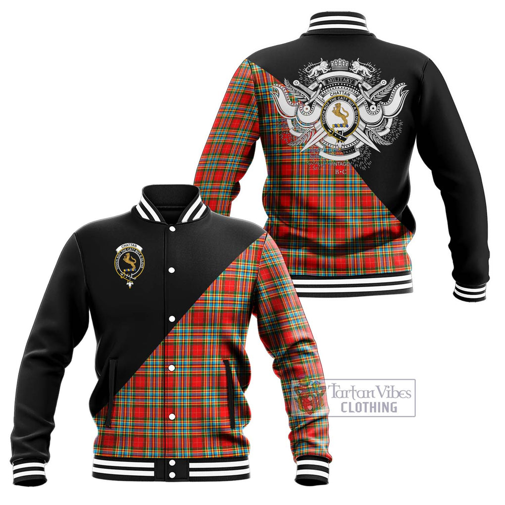 Chattan Tartan Baseball Jacket with Family Crest and Military Logo Style Unisex - Tartanvibesclothing Shop