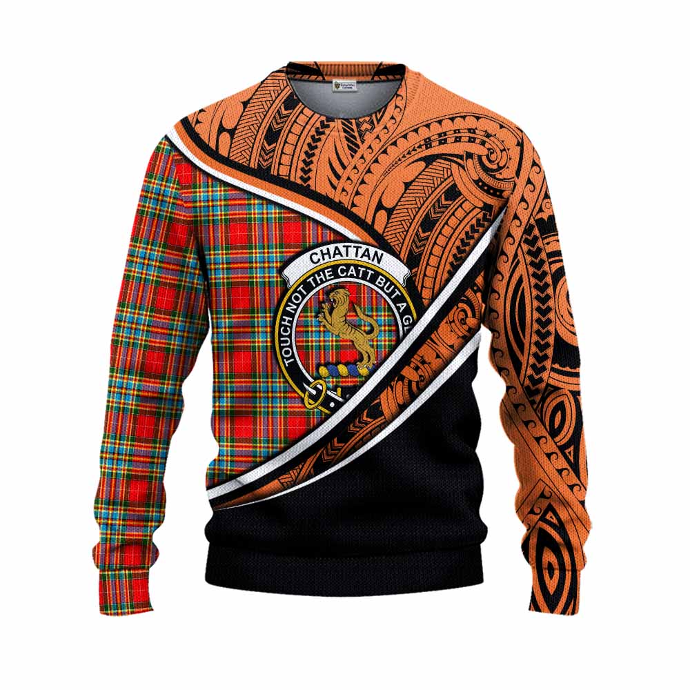 Tartan Vibes Clothing Chattan Crest Tartan Knitted Sweater with Maori Tattoo Style - Orange Version