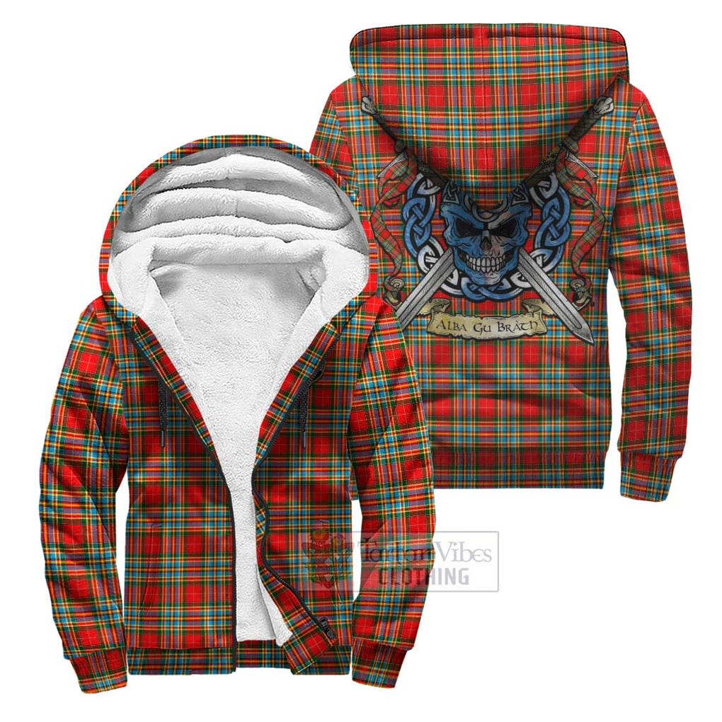 Tartan Vibes Clothing Chattan Tartan Sherpa Hoodie with Family Crest Celtic Skull Style