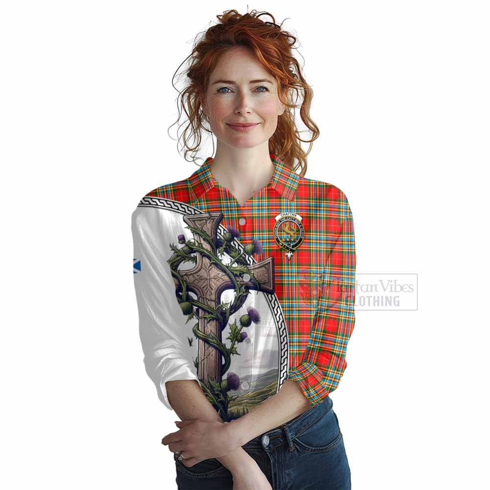 Tartan Vibes Clothing Chattan Tartan Women's Casual Shirt with Family Crest and St. Andrew's Cross Accented by Thistle Vines