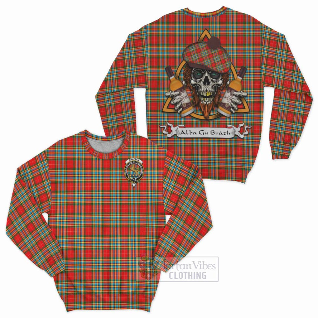 Tartan Vibes Clothing Chattan Tartan Sweatshirt with Family Crest and Bearded Skull Holding Bottles of Whiskey