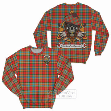 Chattan Tartan Sweatshirt with Family Crest and Bearded Skull Holding Bottles of Whiskey