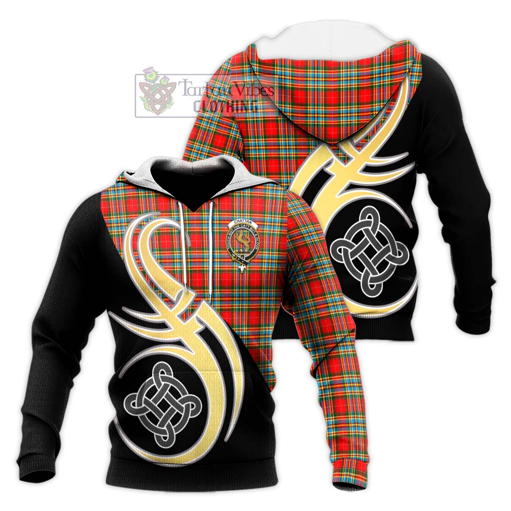 Tartan Vibes Clothing Chattan Tartan Knitted Hoodie with Family Crest and Celtic Symbol Style