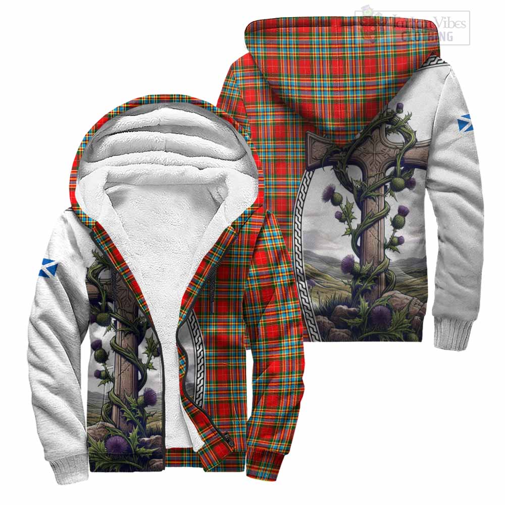 Tartan Vibes Clothing Chattan Tartan Sherpa Hoodie with Family Crest and St. Andrew's Cross Accented by Thistle Vines