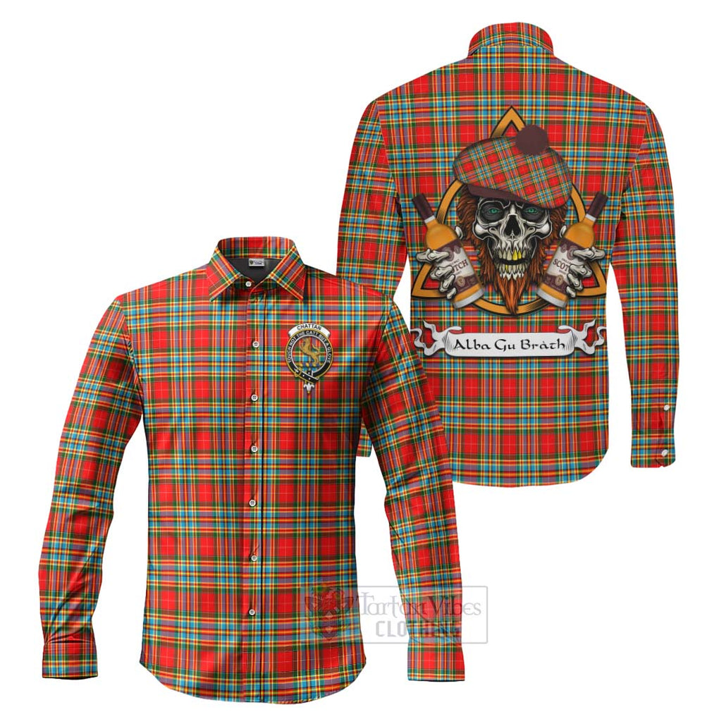 Tartan Vibes Clothing Chattan Tartan Long Sleeve Button Shirt with Family Crest and Bearded Skull Holding Bottles of Whiskey