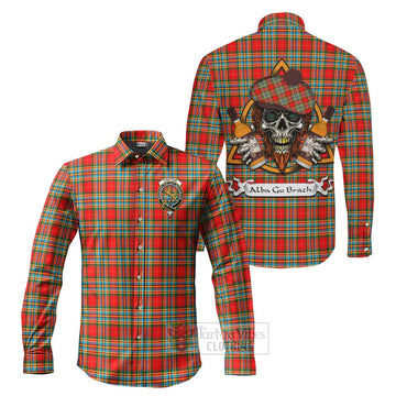 Chattan Tartan Long Sleeve Button Shirt with Family Crest and Bearded Skull Holding Bottles of Whiskey