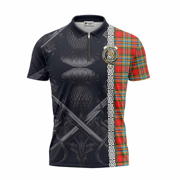 Chattan Tartan Zipper Polo Shirt with Family Crest Cross Sword Thistle Celtic Vibes