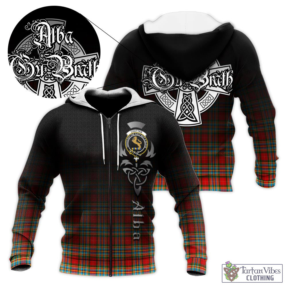 Tartan Vibes Clothing Chattan Tartan Knitted Hoodie Featuring Alba Gu Brath Family Crest Celtic Inspired