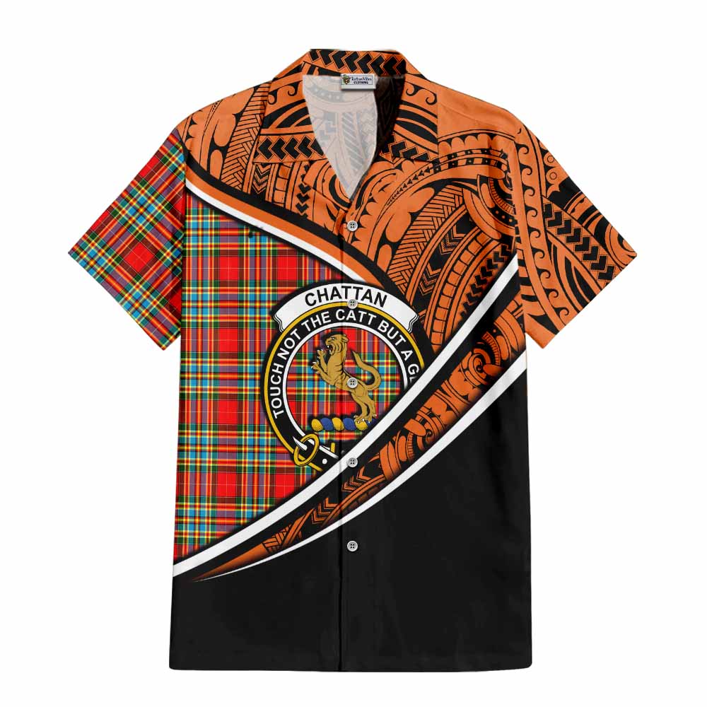 Tartan Vibes Clothing Chattan Crest Tartan Short Sleeve Button Shirt with Maori Tattoo Style - Orange Version