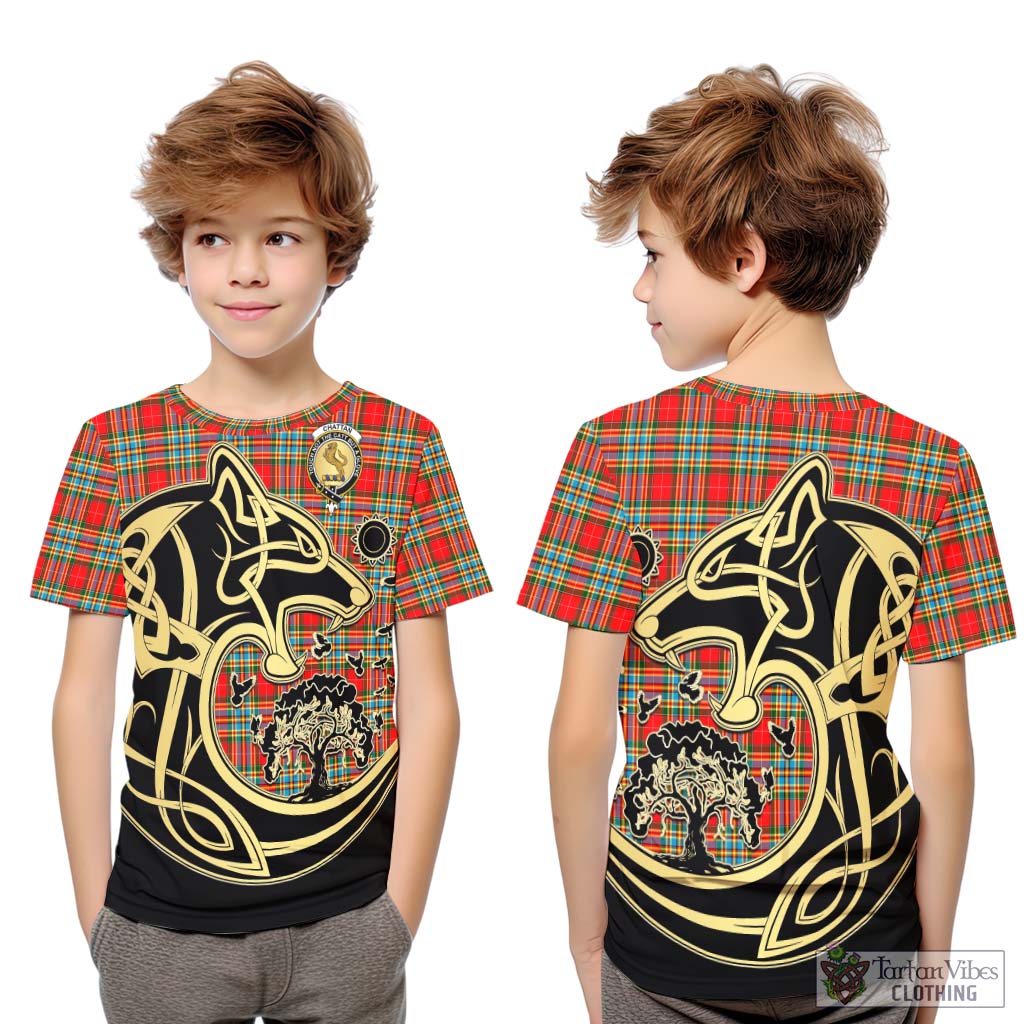 Tartan Vibes Clothing Chattan Tartan Kid T-Shirt with Family Crest Celtic Wolf Style