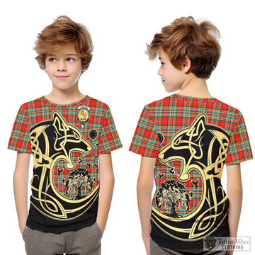 Chattan Tartan Kid T-Shirt with Family Crest Celtic Wolf Style