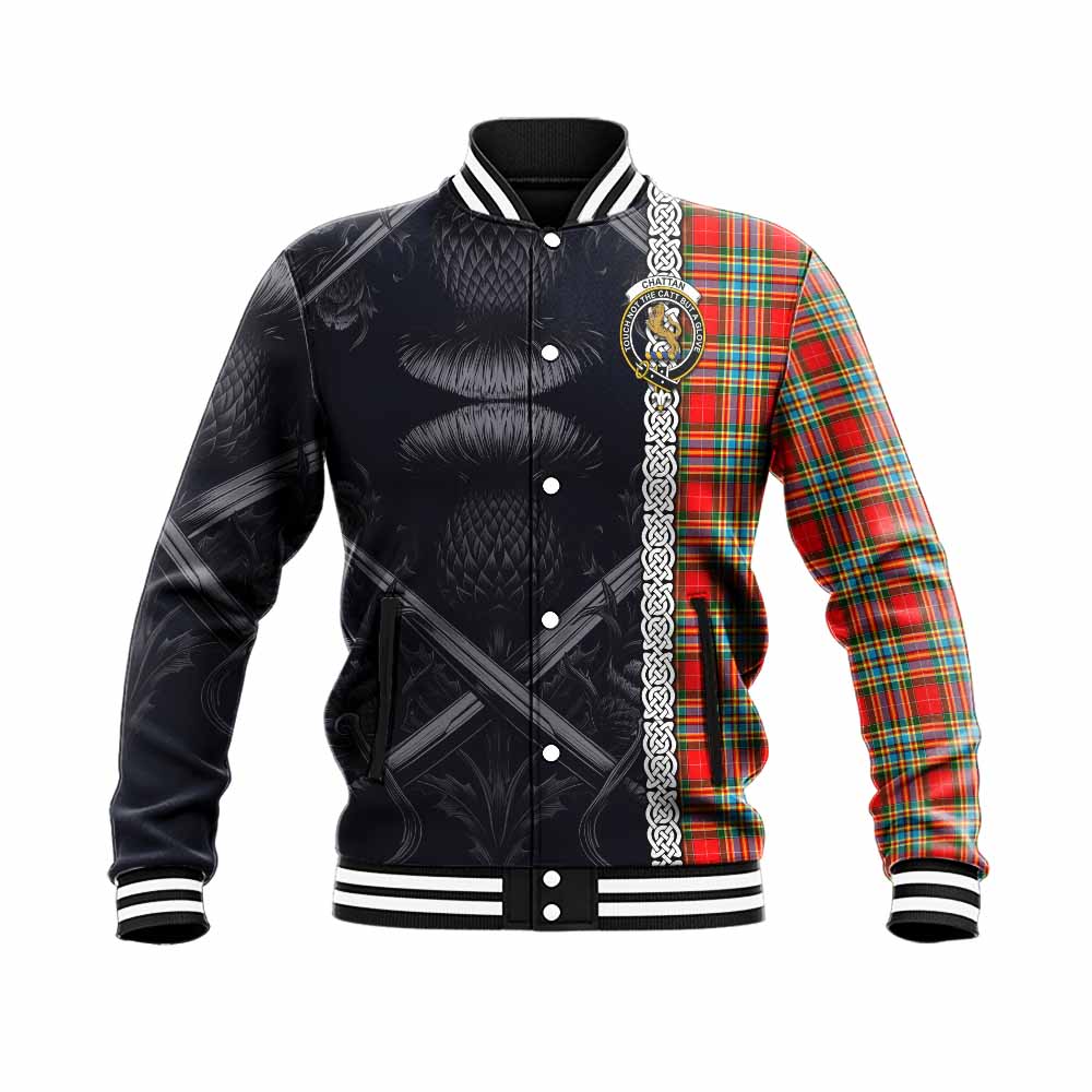 Tartan Vibes Clothing Chattan Tartan Baseball Jacket with Family Crest Cross Sword Thistle Celtic Vibes