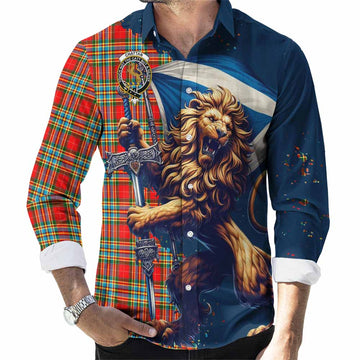 Chattan Tartan Family Crest Long Sleeve Button Shirt with Scottish Majestic Lion