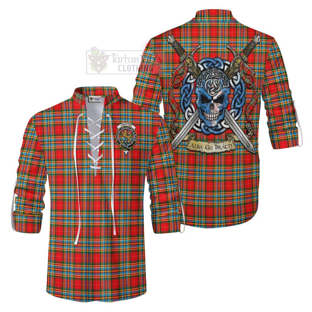 Tartan Vibes Clothing Chattan Tartan Ghillie Kilt Shirt with Family Crest Celtic Skull Style