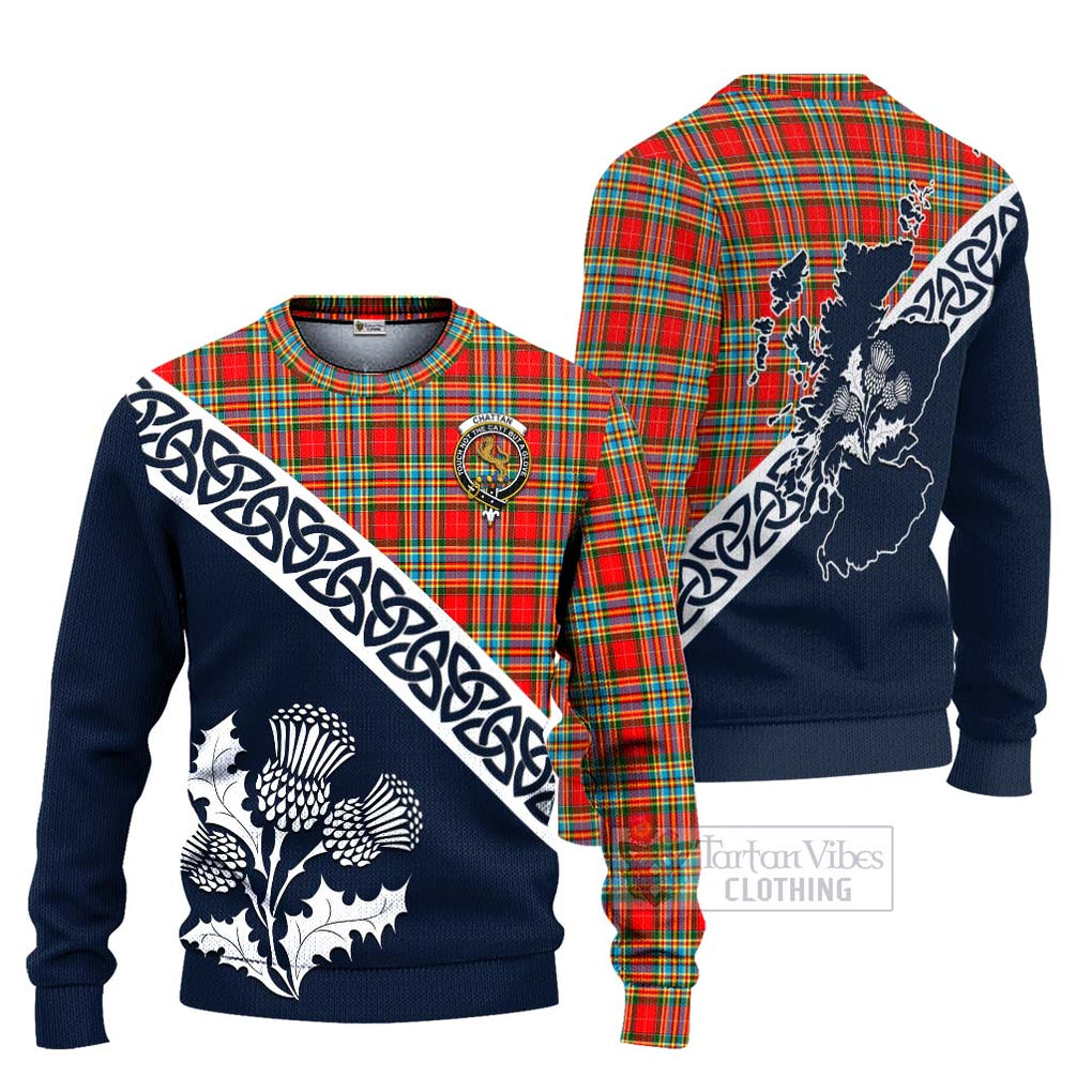 Tartan Vibes Clothing Chattan Tartan Knitted Sweater Featuring Thistle and Scotland Map