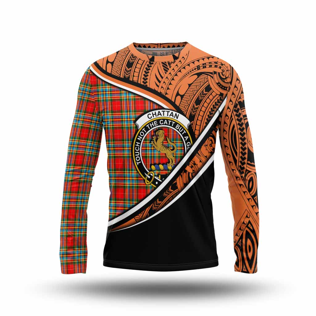 Tartan Vibes Clothing Chattan Crest Tartan Long Sleeve T-Shirt with Maori Tattoo Style - Orange Version