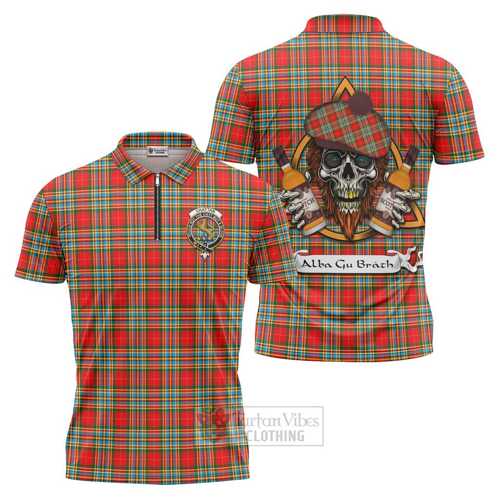 Tartan Vibes Clothing Chattan Tartan Zipper Polo Shirt with Family Crest and Bearded Skull Holding Bottles of Whiskey