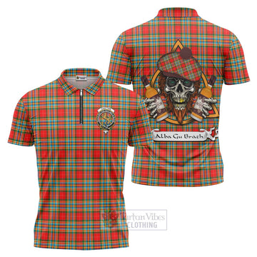 Chattan Tartan Zipper Polo Shirt with Family Crest and Bearded Skull Holding Bottles of Whiskey