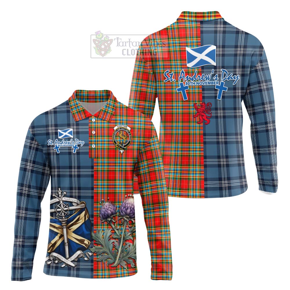 Tartan Vibes Clothing Chattan Tartan Long Sleeve Polo Shirt Happy St. Andrew's Day Half Tartan Style