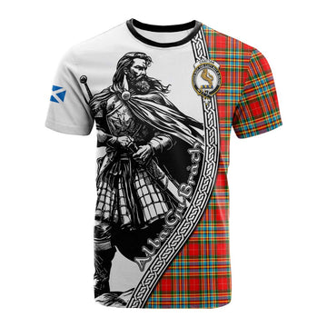 Chattan Tartan Clan Crest Cotton T-shirt with Highlander Warrior Celtic Style