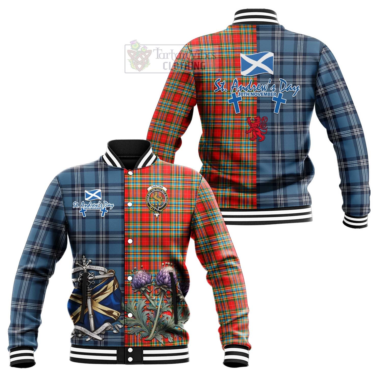 Tartan Vibes Clothing Chattan Tartan Baseball Jacket Happy St. Andrew's Day Half Tartan Style