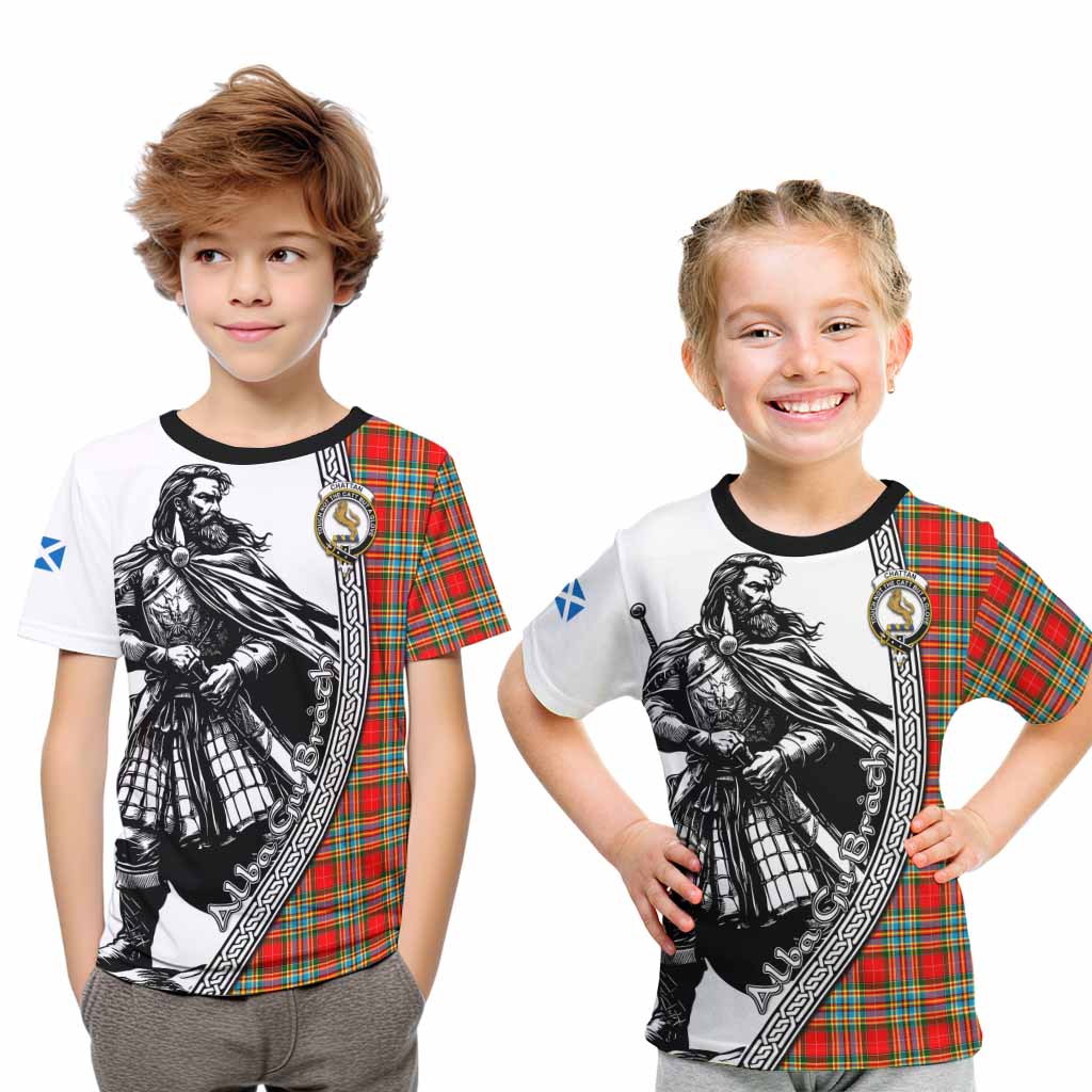 Chattan Tartan Clan Crest Kid T-Shirt with Highlander Warrior Celtic Style Youth XL Size14 - Tartan Vibes Clothing