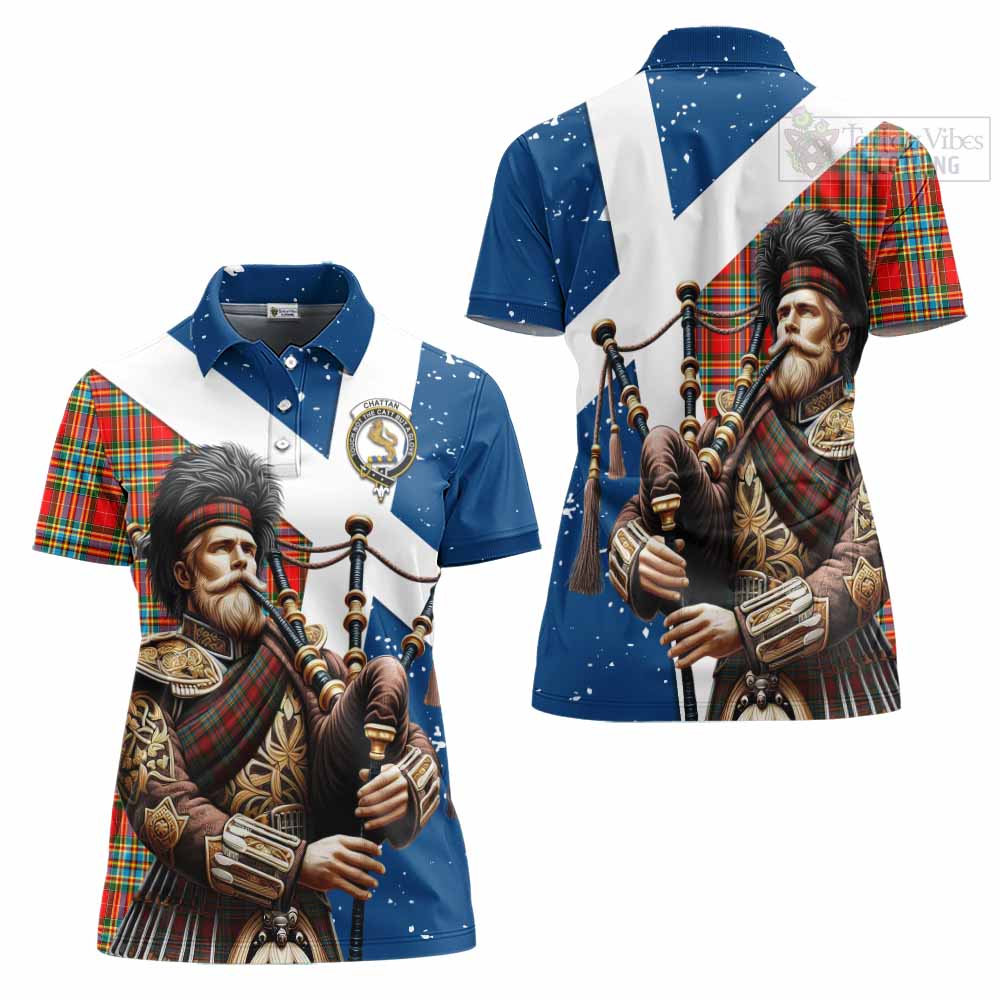 Tartan Vibes Clothing Chattan Tartan Women's Polo Shirt with Family Crest Scottish Bagpiper Vibes