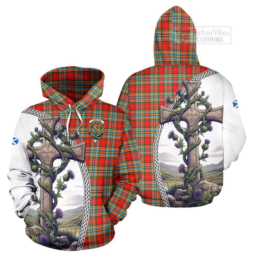 Tartan Vibes Clothing Chattan Tartan Hoodie with Family Crest and St. Andrew's Cross Accented by Thistle Vines