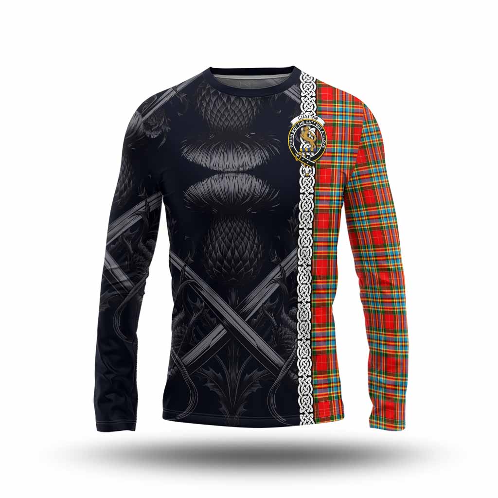 Tartan Vibes Clothing Chattan Tartan Long Sleeve T-Shirt with Family Crest Cross Sword Thistle Celtic Vibes