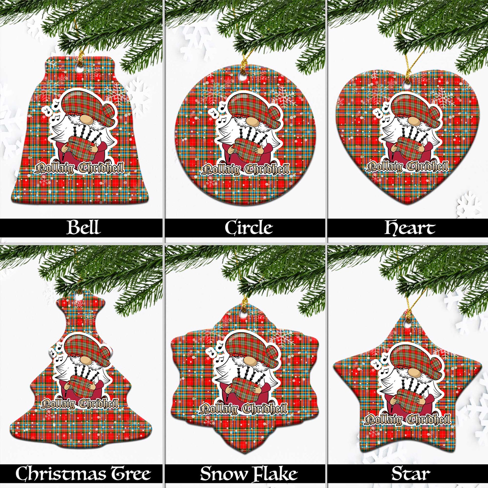 Chattan Tartan Christmas Ornaments with Scottish Gnome Playing Bagpipes Ceramic - Tartanvibesclothing
